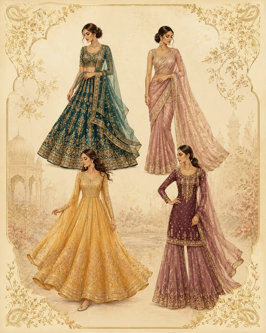 Illustrated atelier guide for female wedding guests showing lehenga, saree, anarkali, and sharara silhouettes