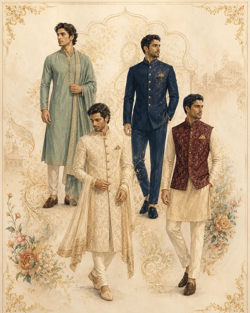 Illustrated atelier guide for male wedding guests showing kurta set, bandhgala, sherwani, and Nehru jacket silhouettes