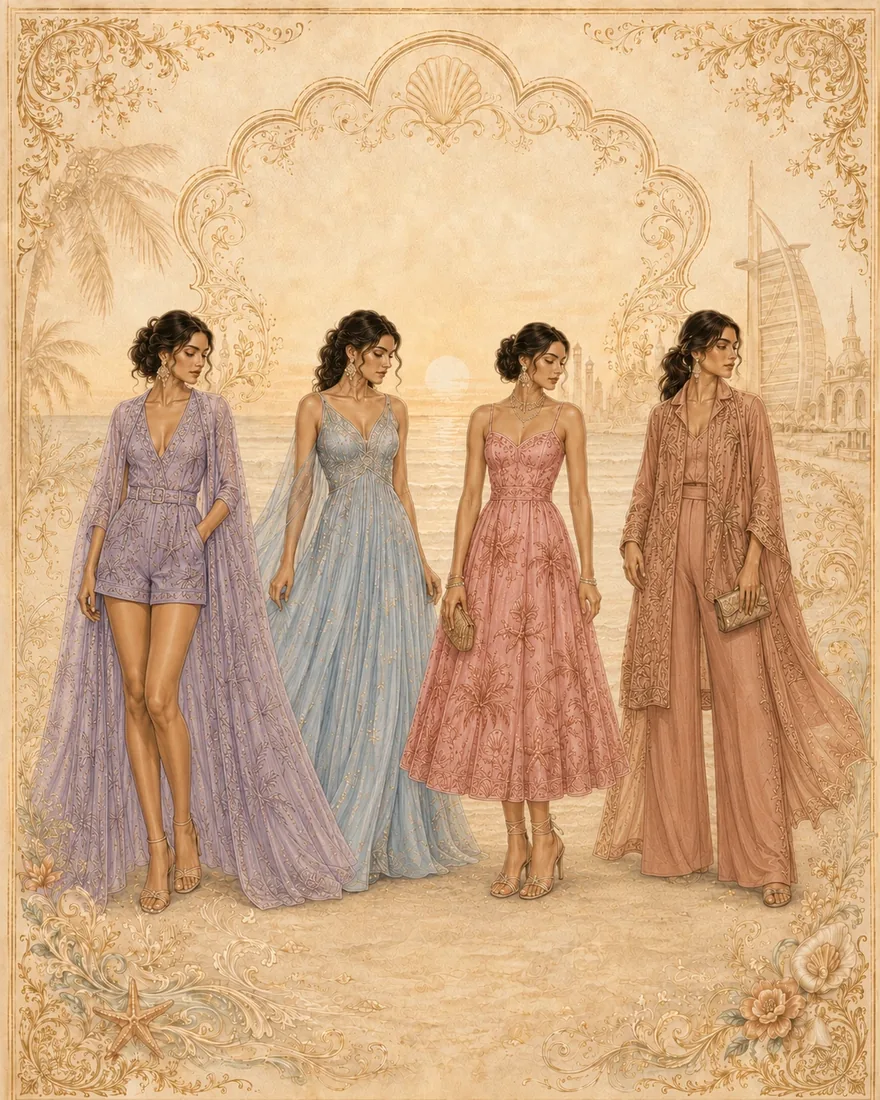 Illustrated atelier guide for female wedding guests showing four Dubai Beach Chic silhouettes for the Saturday wedding night