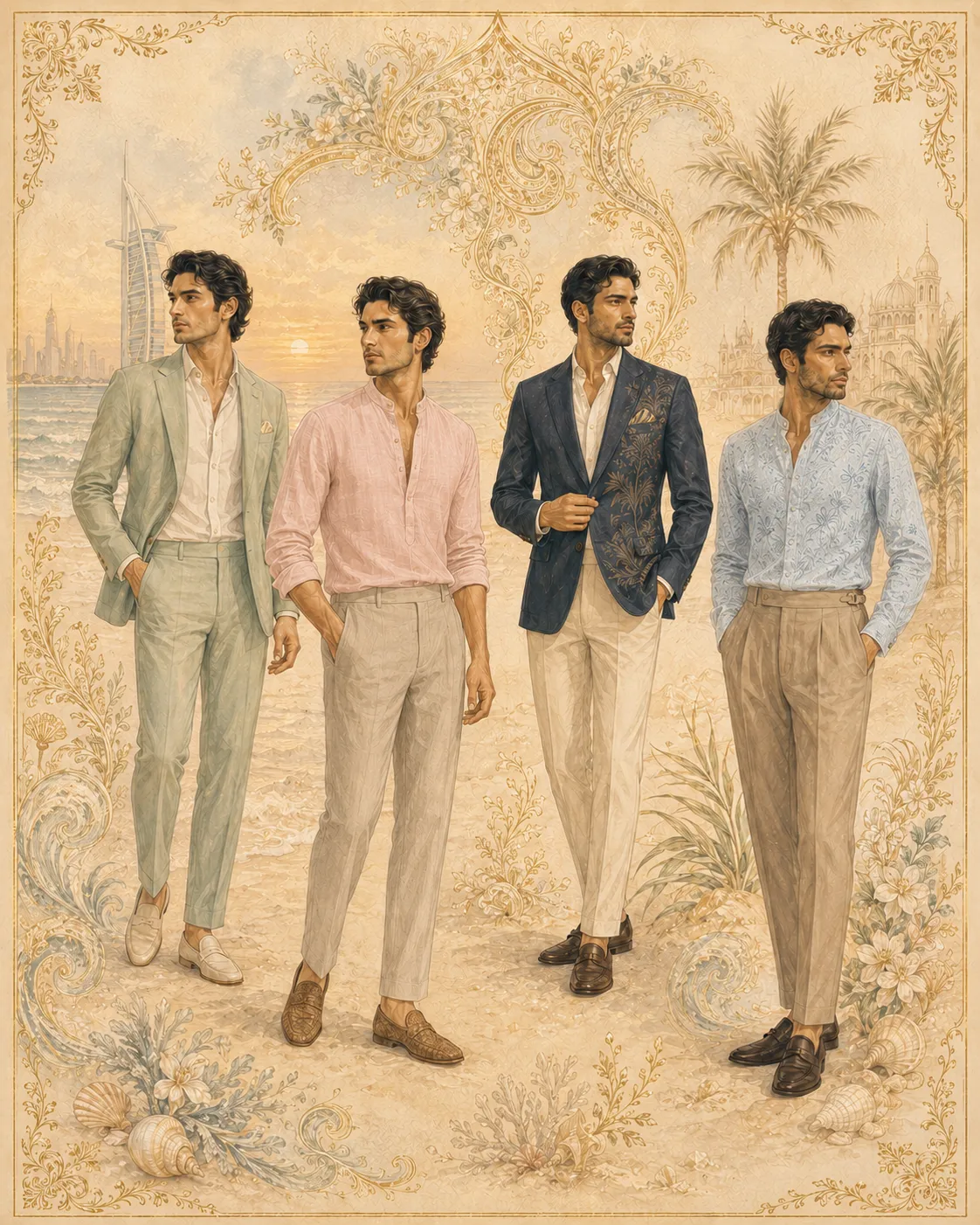 Illustrated atelier guide for male wedding guests showing four Dubai Beach Chic silhouettes for the Saturday wedding night